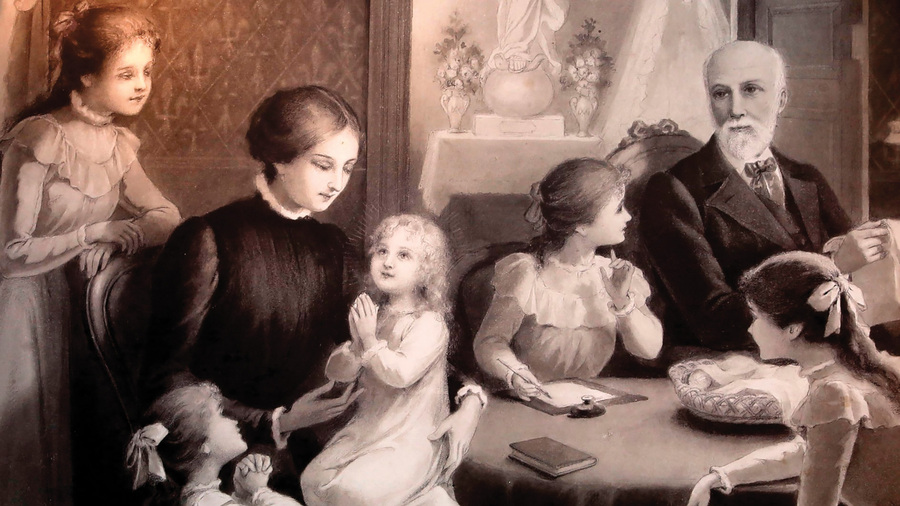 An artwork depicts family devotions.