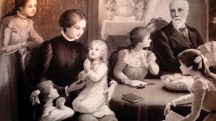 An artwork depicts family devotions.