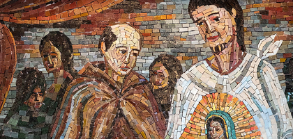 Mosaic artwork depicting men and a women holding the tilma of our lady of Guadalupe.