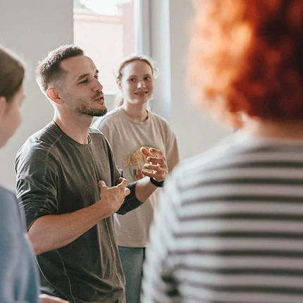 Mykola Panasiuk, an actor and director from Ukraine, leads a social theater workshop at the Blessed Michael McGivney House in Radom, Poland