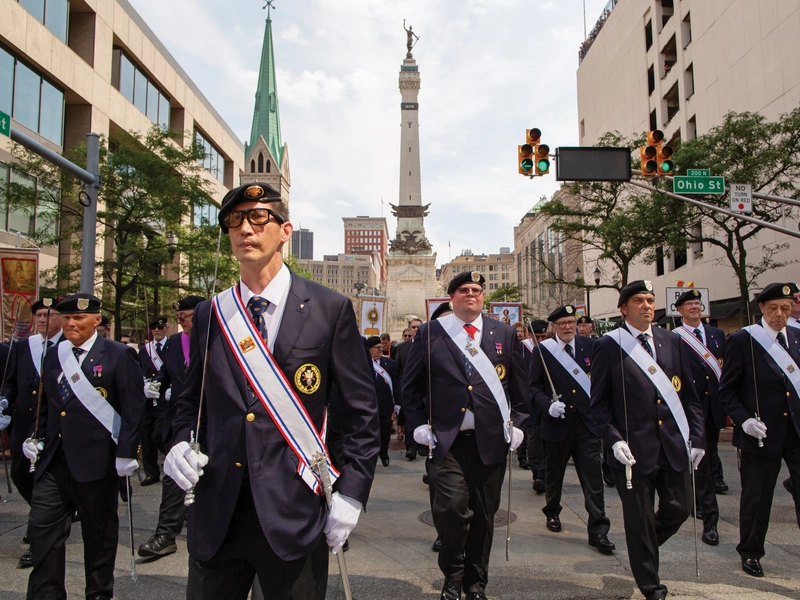 An honor guard of nearly 60 Fourth Degree Knights participates in the Eucharistic procession through downtown Indianapolis.