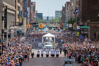 Tens of thousands of Catholics fill downtown Indianapolis July 20 for a Eucharistic procession.