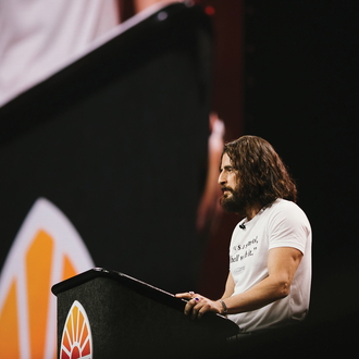 Jonathan Roumie, who plays Jesus in the TV series The Chosen, speaks at the congress on July 20.