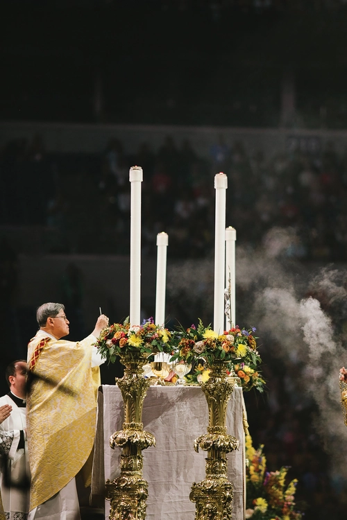 Cardinal Luis Antonio Tagle elevates the Eucharist during Mass on July 21.