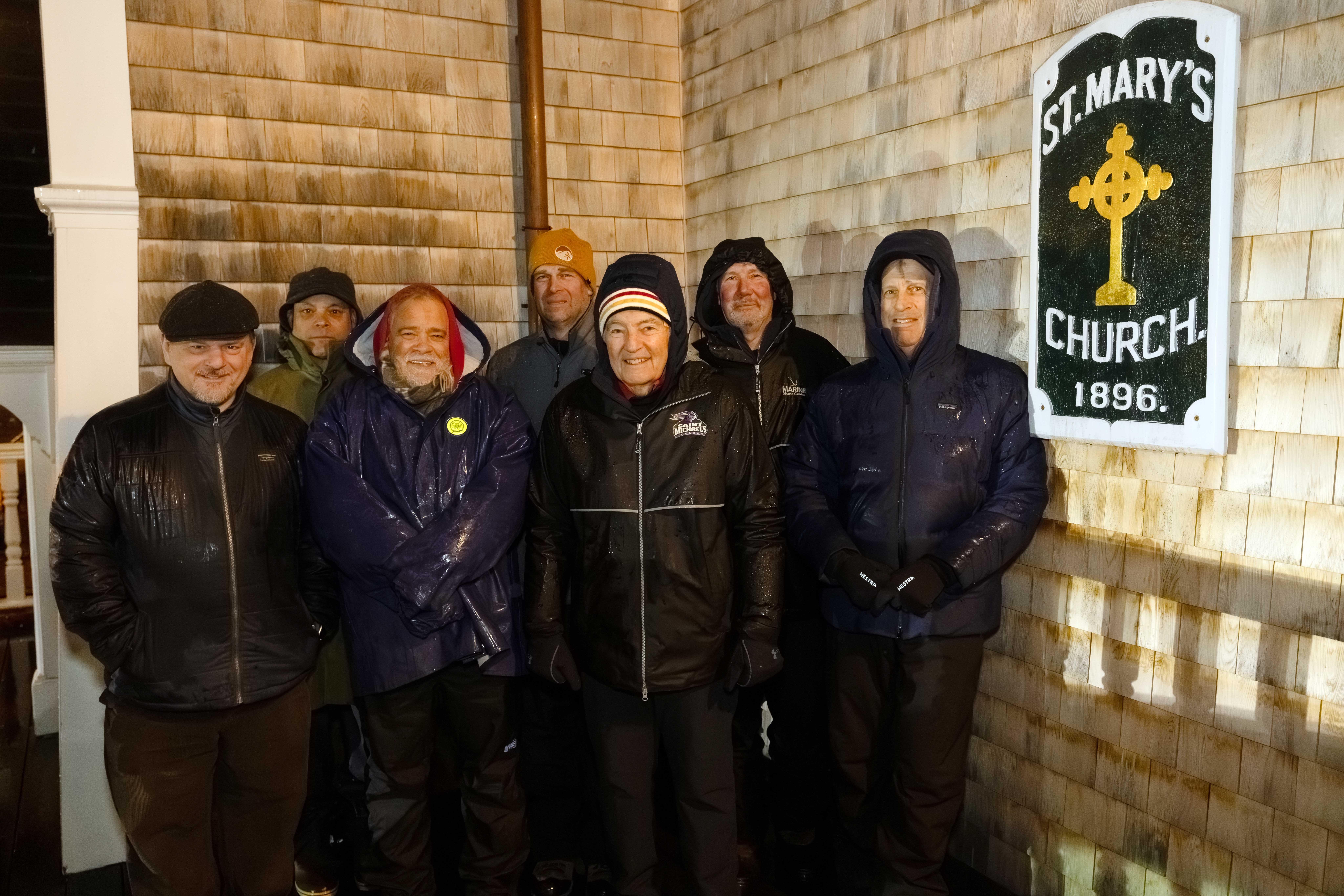 Knights from T.J. McGee Council 2612 in Nantucket, Mass., stand  outside St. Mary, Our Lady of the Isle Church.