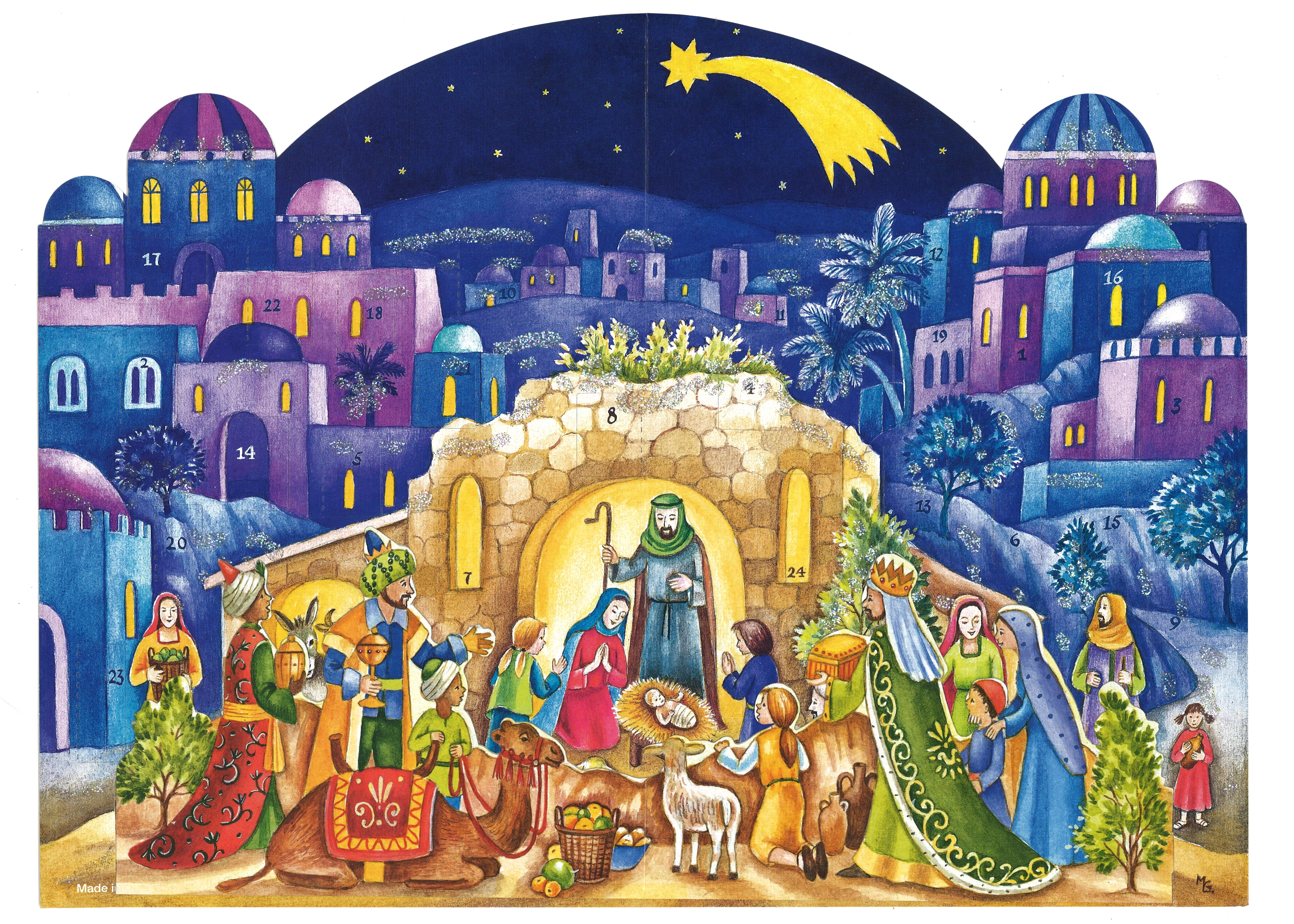 Printed paper Advent Calendar Nativity scene from Germany featuring the Holy Family, three Magi, and others in the foreground. In the background is a night scene of a town with a shooting star above.