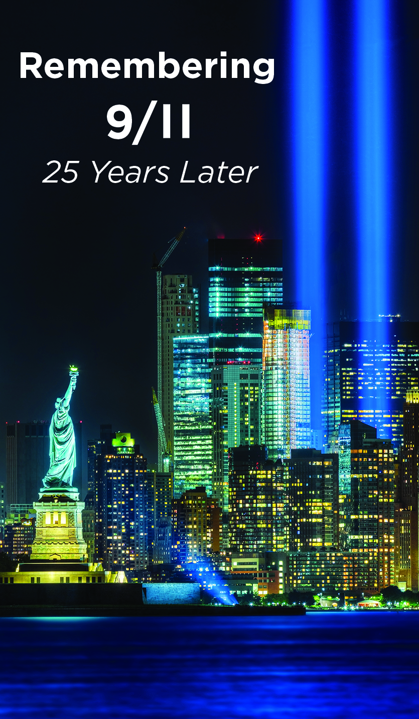 Photograph of the Tribute in Light with the New York City skyline with text “Remembering 9/11 25 Years Later.”