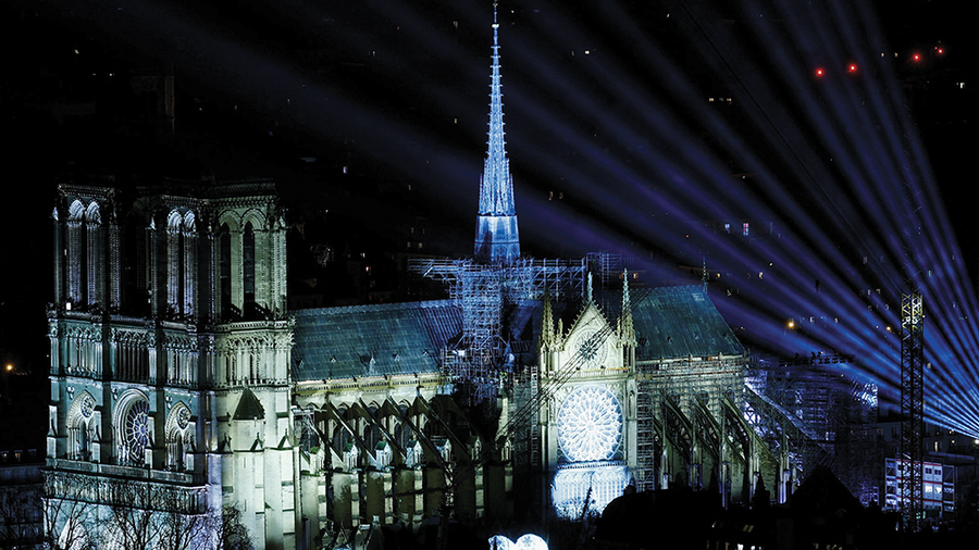 Notre-Dame Cathedral in Paris is arrayed in light during the reopening celebration Dec. 7, 2024.