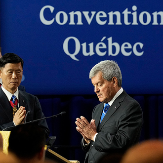 Former Supreme Warden Graydon Nicholas reads in Wəlastəkewiyik (Maliseet) one of the prayers of the faithful during the opening Mass of the 142nd Supreme Convention in Québec City on Aug. 6.