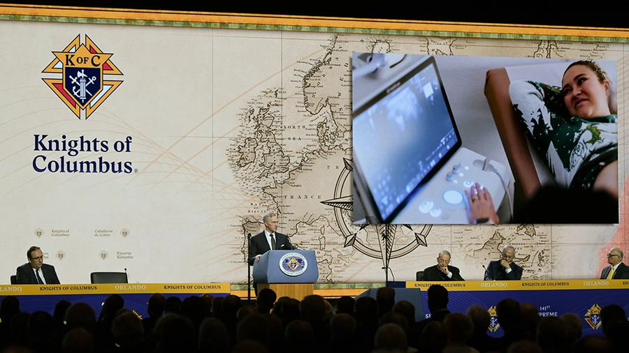 Supreme Knight Patrick Kelly describes the Order&rsquo;s support for pregnancy resource centers and maternity homes during his annual report at the 141st Supreme Convention in Orlando, Fla., Aug. 1