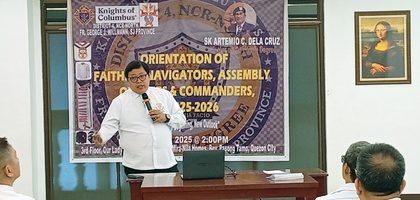 Eric Juan from Tandang Sora Assembly 2715 speaks about the laws and rules governing the Fourth Degree and resolutions to more than 120 faithful navigators, assembly officers and commanders in Luzon North District #4 during an orientation workshop for the 2025-26 fraternal year, hosted at Our Lady of Consolation Parish in Quezon City. The district master and officers of District #4 have hosted the workshop annually for 15 years to prepare new assembly leaders.