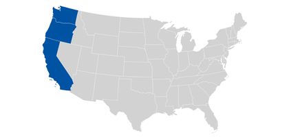 Map of the U.S. with the pacific states highlighted.