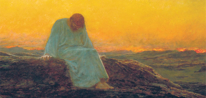 Painting of a man on a hill with head bowed at sunset.