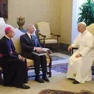 Pope Leo XIV speaks with Supreme Knight Patrick Kelly and Supreme Chaplain Archbishop William Lori.