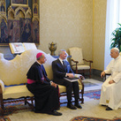 Pope Leo XIV speaks with Supreme Knight Patrick Kelly and Supreme Chaplain Archbishop William Lori Oct. 6, 2025.