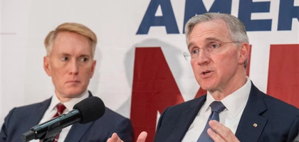 Supreme Knight Patrick Kelly (right) speaks at the Symposium on Young American Men, a national conversation on restoring purpose, flourishing, and belonging, at the National Press Club in Washington, D.C., on Nov. 3, 2025. Looking on is Sen. James Lankford of Oklahoma.
