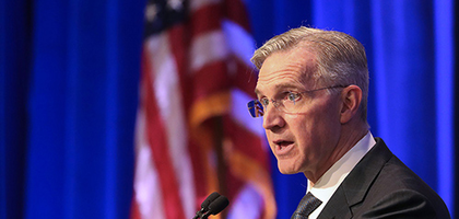 Supreme Knight Patrick Kelly speaks at the Fall Plenary Assembly of the United States Conference of Catholic Bishops in Baltimore on Nov. 13. (OSV News/Bob Roller)