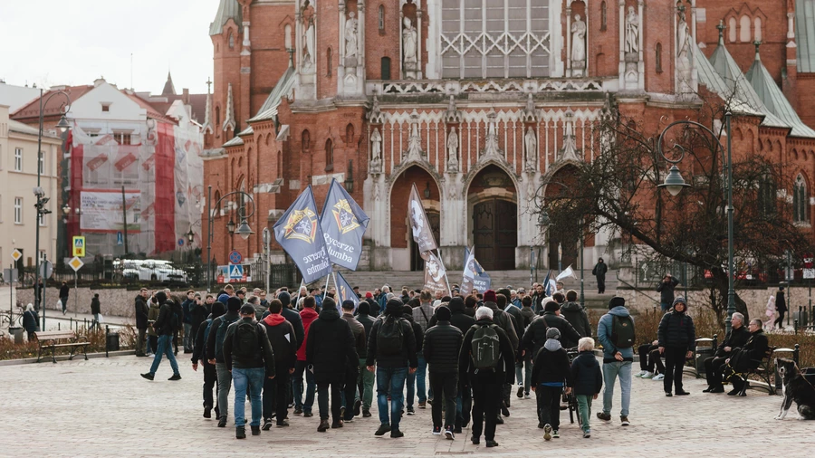 Participants in the March of St. Joseph arrive at the Shrine of St. Joseph in the Podgórze district of Kraków.