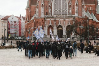 Participants in the March of St. Joseph arrive at the Shrine of St. Joseph in the Podgórze district of Kraków.