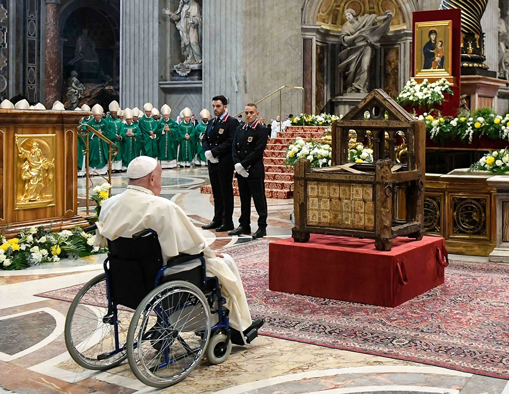 Pope Francis sits and reflects at the vatican.