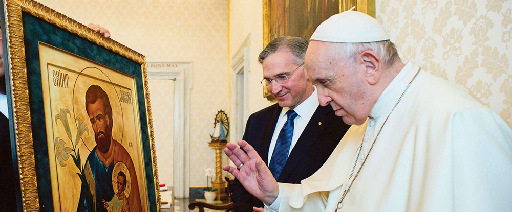 During a private audience with Supreme Knight Patrick Kelly, Pope Francis blesses an icon of St. Joseph commissioned