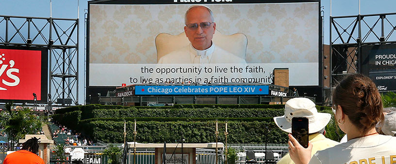 Pope Leo XIV delivers a pre-recorded video message to the faithful gathered at Chicago’s Rate Field, home of the White Sox, during a June 14 celebration honoring his election.