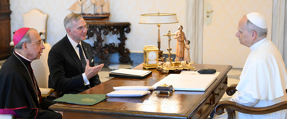 Supreme Knight Patrick Kelly and Supreme Chaplain Archbishop William Lori discuss the Order’s priorities and top initiatives with Pope Leo XIV during a July 4 private audience.