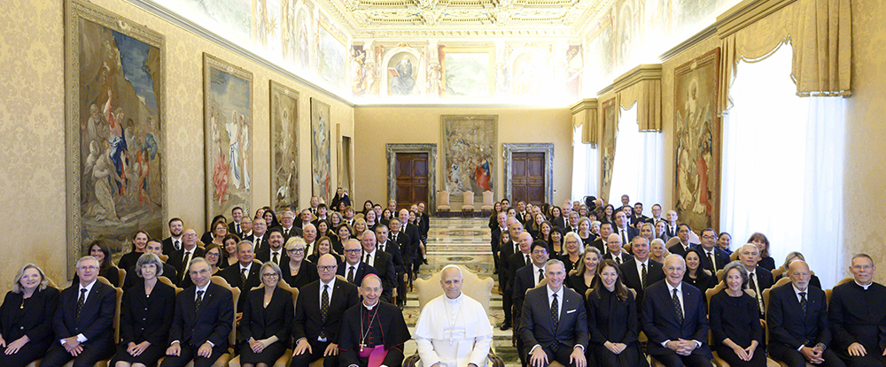 Pope Leo XIV and the Knights of Columbus Board of Directors are pictured together following the Oct. 6 audience in the Sala del Concistoro of the Vatican Apostolic Palace.