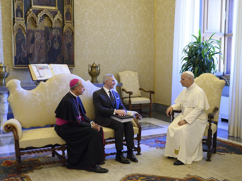 Pope Leo XIV meets with Supreme Knight Patrick Kelly and Supreme Chaplain Archbishop William Lori of Baltimore before the Oct. 6 audience.`