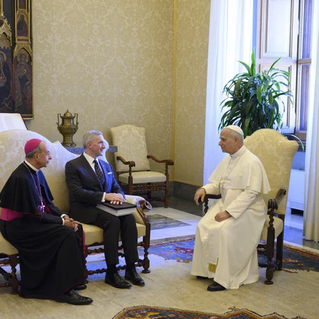 Pope Leo XIV meets with Supreme Knight Patrick Kelly and Supreme Chaplain Archbishop William Lori of Baltimore before the Oct. 6 audience.`