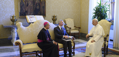 Pope Leo XIV meets with Supreme Knight Patrick Kelly and Supreme Chaplain Archbishop William Lori of Baltimore before the Oct. 6 audience.`
