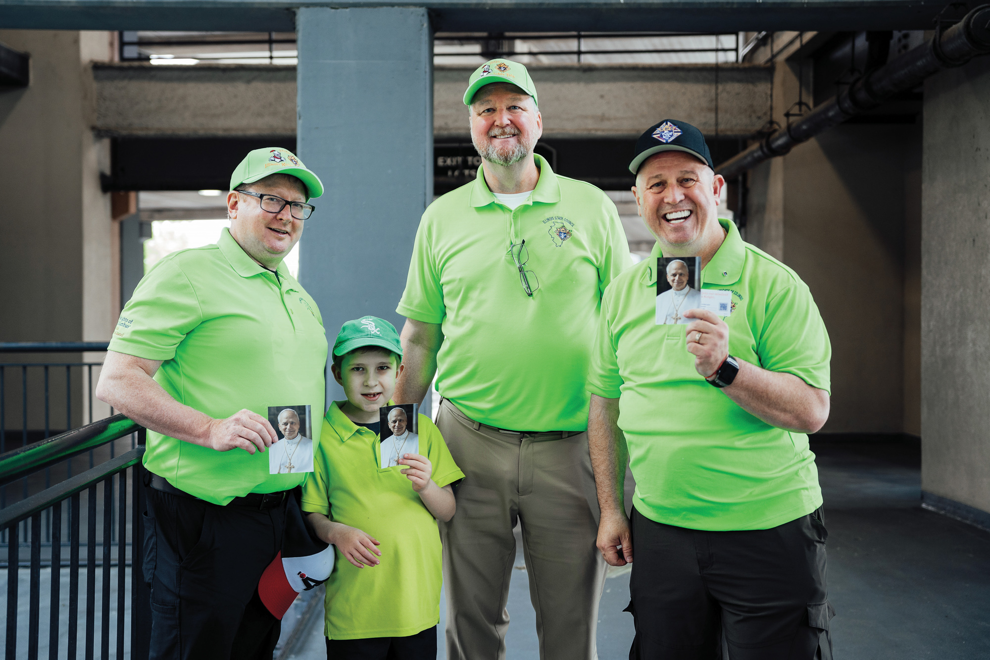 Illinois Knights of Columbus display prayer cards they distributed before the Pope Leo celebration