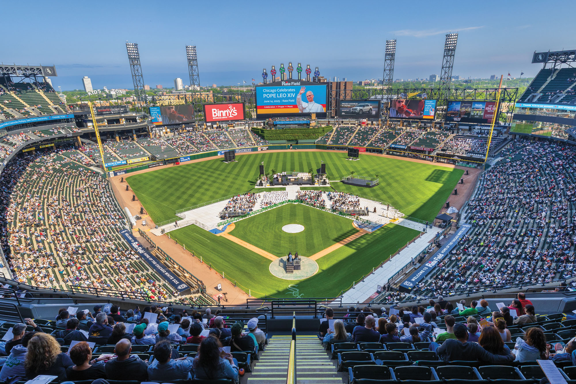 Tens of thousands fill Rate Field, home of the Chicago White Sox, on June 14 for a celebration honoring Pope Leo XIV