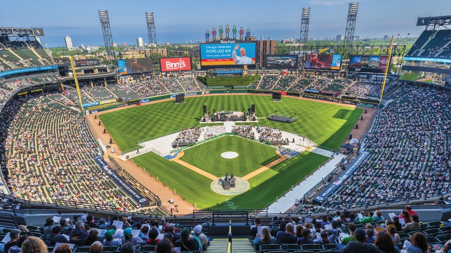 Tens of thousands fill Rate Field, home of the Chicago White Sox, on June 14 for a celebration honoring Pope Leo XIV