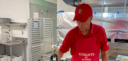 George Cuzakis from James Francis Cardinal McIntyre Council 6332 in Mission Viejo, Calif., makes pancakes for the council’s breakfast at St. Kilian Catholic Church. Held quarterly, the breakfasts raise about $15,000 annually to support charities and initiatives, such as the Knights of Columbus Coats for Kids program, Global Wheelchair Mission, Special Olympics and more.