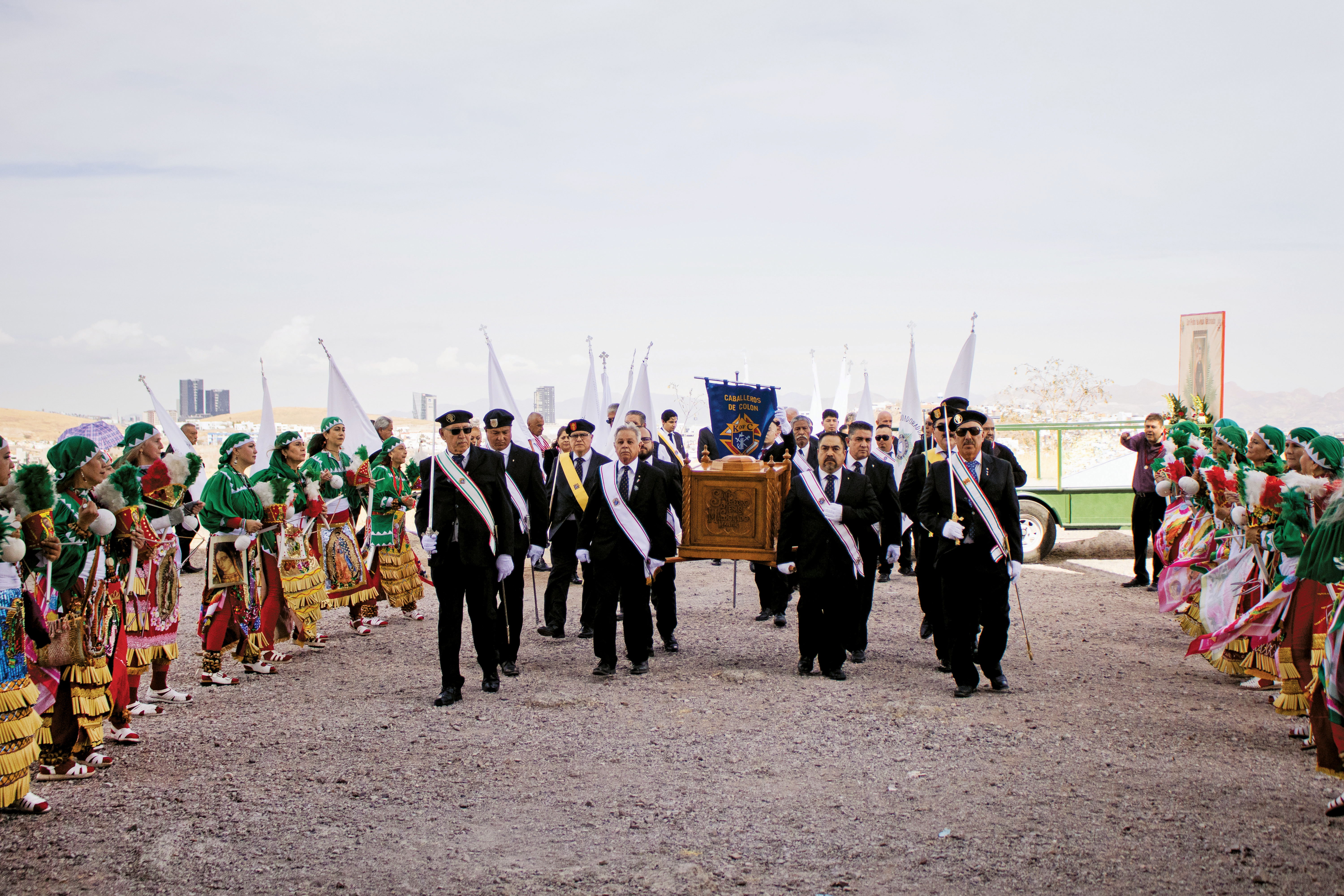 Fourth Degree Knights escort relics of St. Pedro de Jes&uacute;s Maldonado into the shrine dedicated to the martyr in Chihuahua.