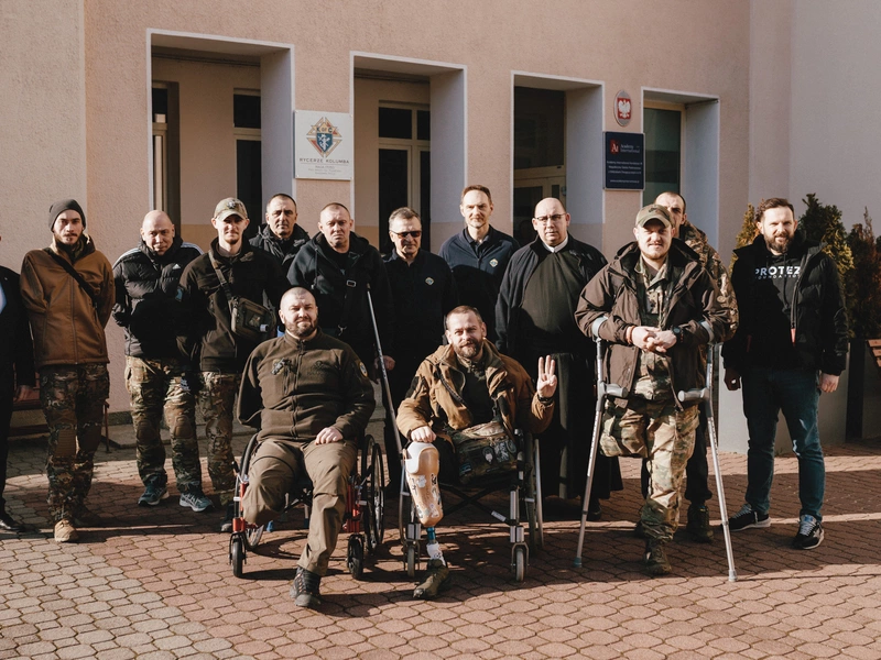 Ukrainian amputees outside the Knights of Columbus Mercy Center in Warsaw, Poland.