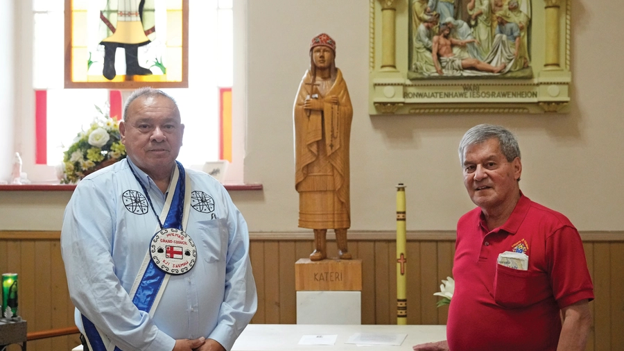 Grand Chief Norman Sylliboy of the Mi'kmaq Nation, left, and former Supreme Warden Graydon Nicholas visit the National Shrine of St. Kateri Tekakwitha in the Kahnawake Mohawk Territory, Québec.