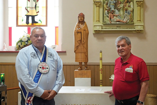Grand Chief Norman Sylliboy of the Mi'kmaq Nation, left, and former Supreme Warden Graydon Nicholas visit the National Shrine of St. Kateri Tekakwitha in the Kahnawake Mohawk Territory, Québec.