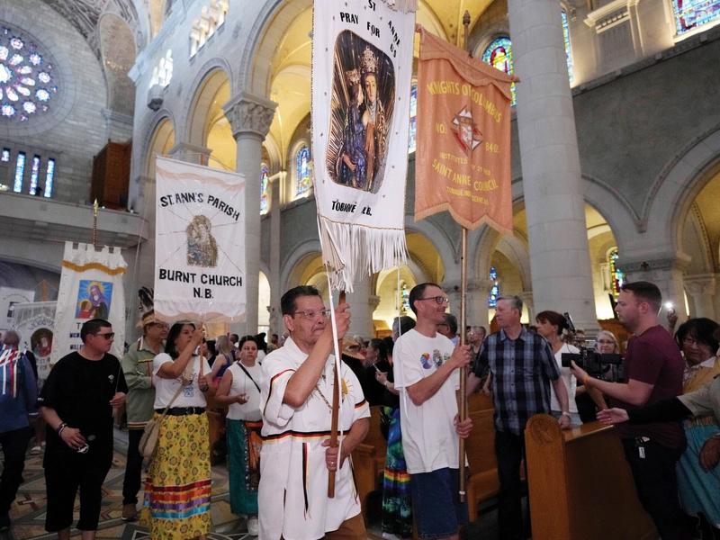 Procession during Mass on First Nations Sunday at the Basilica of Sainte-Anne-de-Beaupr&eacute; in Qu&eacute;bec on June 30.