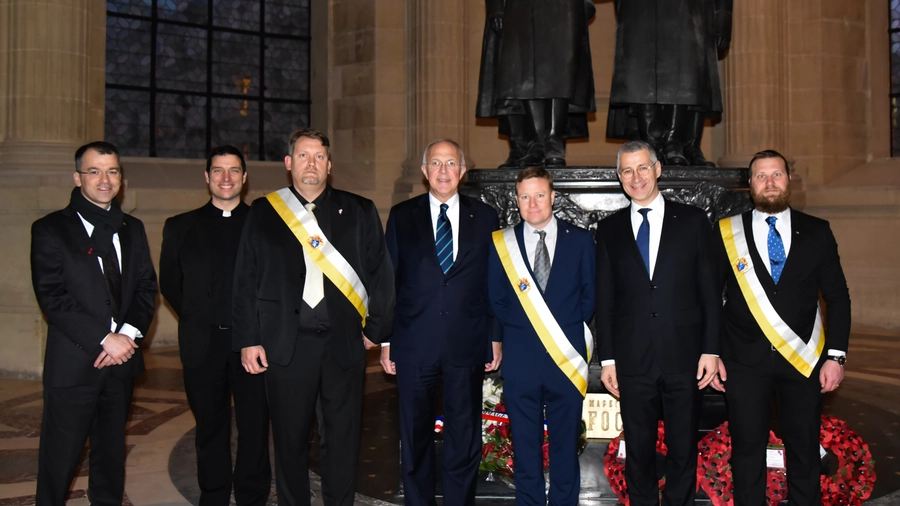 K of C leaders in France stand with Supreme Knight Carl Anderson at the tomb of Marshal Ferdinand Foch