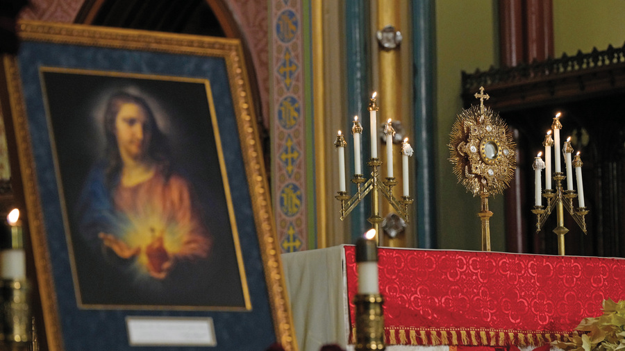 The Order’s Sacred Heart pilgrim icon is displayed during a Holy Hour at St. Mary’s Church in New Haven, Conn.