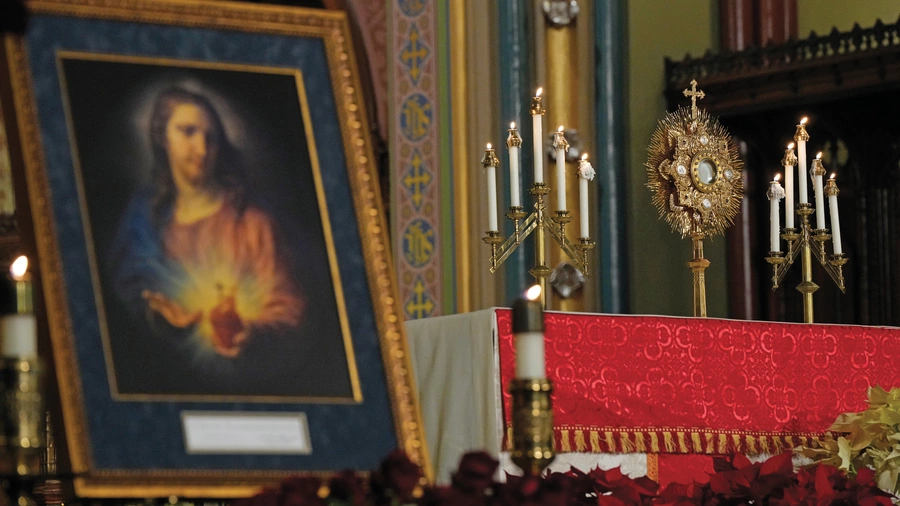 The Order’s Sacred Heart pilgrim icon is displayed during a Holy Hour at St. Mary’s Church in New Haven, Conn.
