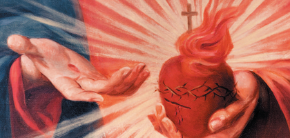 Detail, painting of Sacred Heart of Jesus from a side altar in the Basilica dei Santi Dodici Apostoli, Rome, by an unknown 19th-century artist. Jesus is holding a heart with a cross on top and thorns surrounding it.