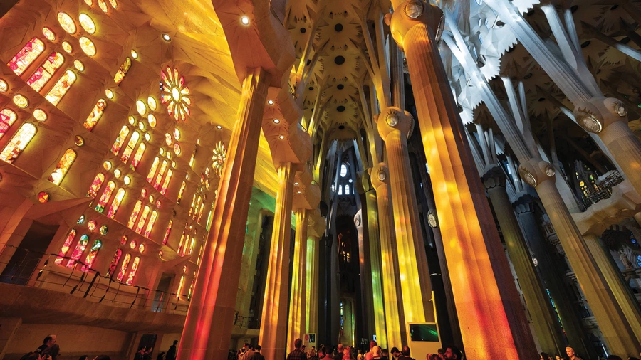 Pilgrims walk beneath the branching columns and stained-glass windows of the Basilica of the Sagrada Família in Barcelona.