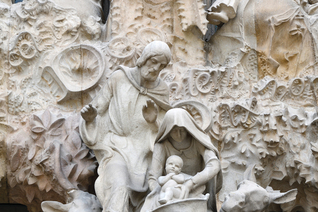 A detail of the Holy Family is seen on the Portal of Charity of the Sagrada Família’s east-facing Nativity façade.