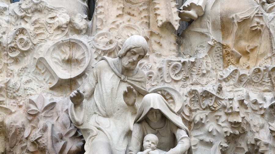 A detail of the Holy Family is seen on the Portal of Charity of the Sagrada Família’s east-facing Nativity façade.