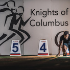 Brandon Harris settles into the starting blocks for a practice run prior to a race at the K of C Indoor Games in Saskatoon on Jan. 23.