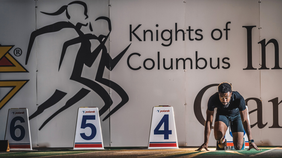 Brandon Harris settles into the starting blocks for a practice run prior to a race at the K of C Indoor Games in Saskatoon on Jan. 23.
