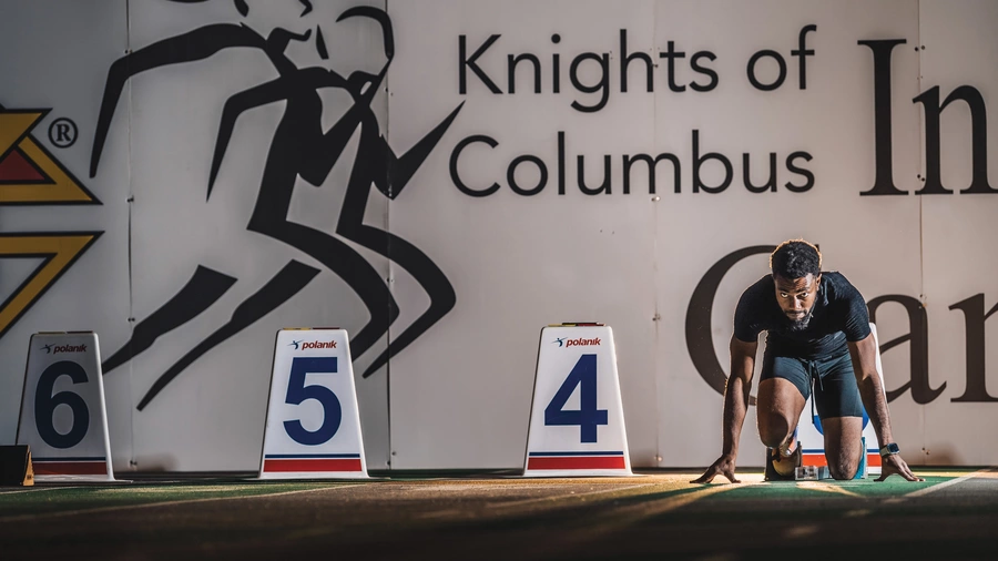 Brandon Harris settles into the starting blocks for a practice run prior to a race at the K of C Indoor Games in Saskatoon on Jan. 23.